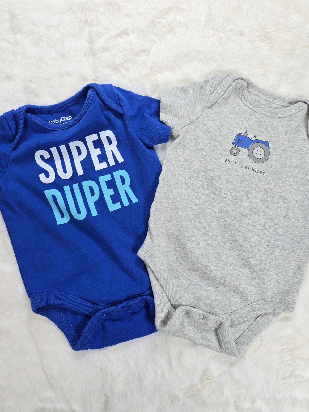 2 GAP "Super Duper" One-Piece Bodysuit / Gray Bodysuit "Built To Be Happy"